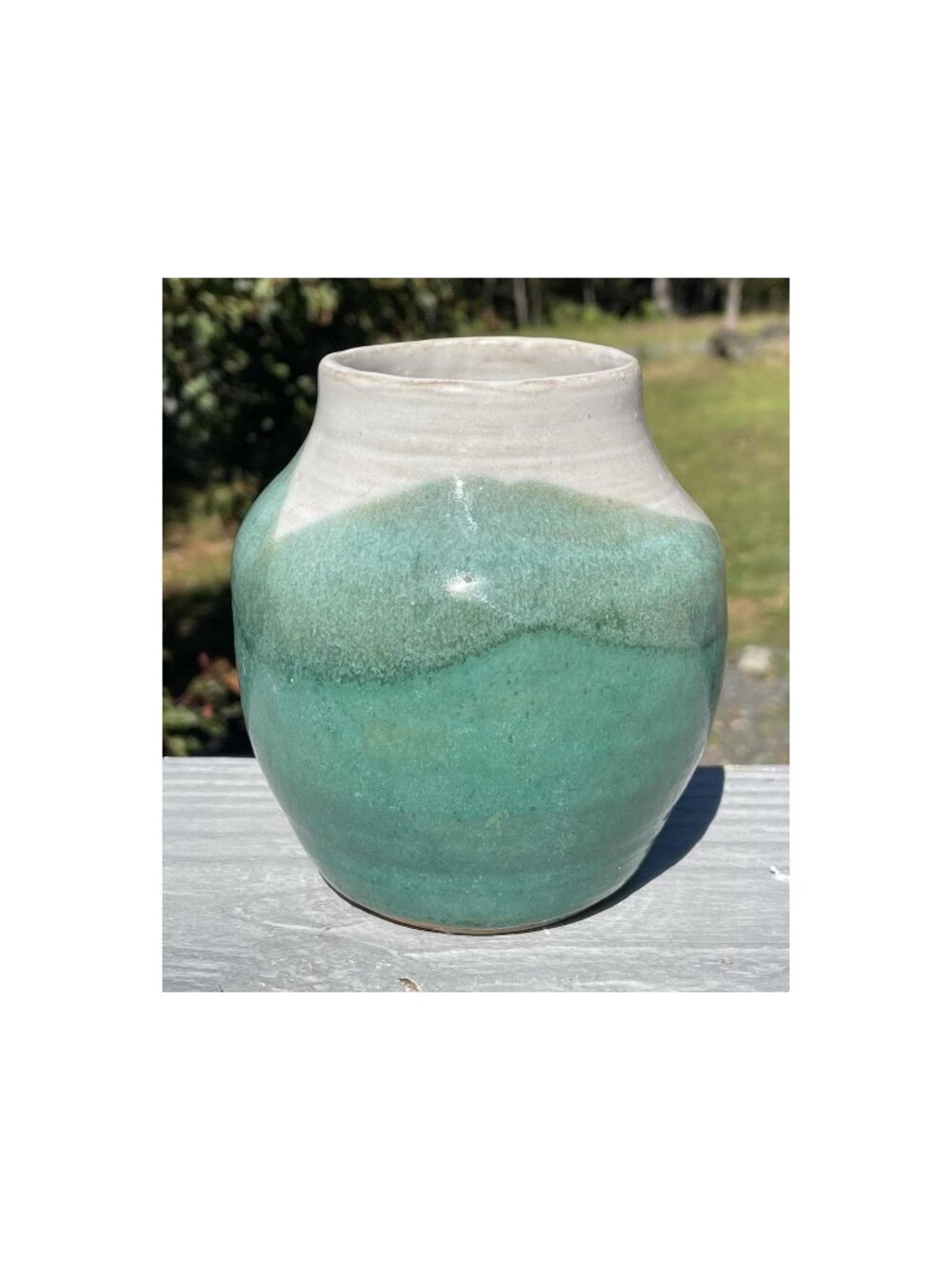 RETRO 1990s Vintage Studio Artisan Pottery Vase Raku Green Matte / White Glaze